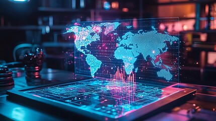 Futuristic Digital World Map with Data Visualization and Neon Glow in a Technology Office