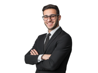 Confident Smiling Businessman in Black Suit with Glasses Standing with Arms Crossed Against transparent background – Professional Corporate Portrait for Business and Marketing Materials
