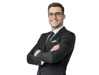 Confident Smiling Businessman in Black Suit with Glasses Standing with Arms Crossed Against transparent background – Professional Corporate Portrait for Business and Marketing Materials