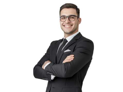 Confident Smiling Businessman in Black Suit with Glasses Standing with Arms Crossed Against transparent background – Professional Corporate Portrait for Business and Marketing Materials