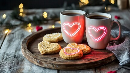 Custom neon heart coffee mugs with glowing print designs, placed next to heart shaped cookies on a rustic wooden tray