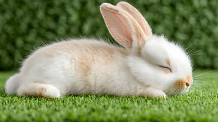 Fototapeta premium Cute bunny sleeping on green grass, nature background, Easter card
