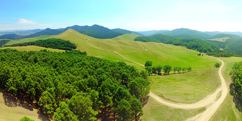 Obraz premium Serene Mountain Vista: An aerial panorama captures the breathtaking beauty of rolling green hills, lush forests, and a winding dirt road snaking through the landscape under a vibrant blue sky. 