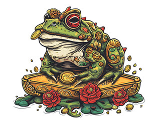 Enchanting golden frog fantasy realm illustration whimsical close-up prosperity