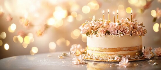 Elegant golden wedding anniversary cake with pink floral decorations and lit candles on a soft golden background, beautifully presented on a table.