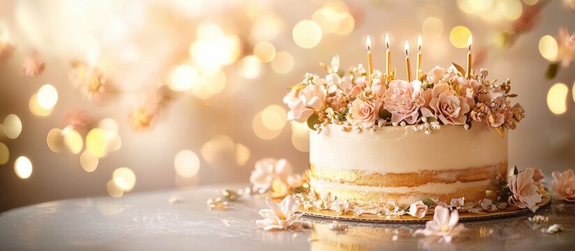 Elegant golden wedding anniversary cake with pink floral decorations and lit candles on a soft golden background, beautifully presented on a table.
