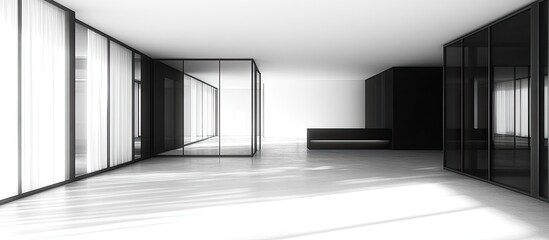 Minimalist black and white office interior featuring glass partitions with a sleek black reception area and bright open space, emphasizing simplicity and elegance