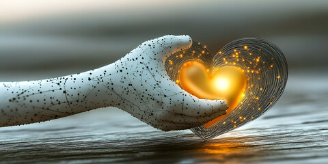 Digital Heart: A robotic hand gently cradles a luminous, glowing heart, symbolizing artificial intelligence, care, and the intersection of technology and compassion.