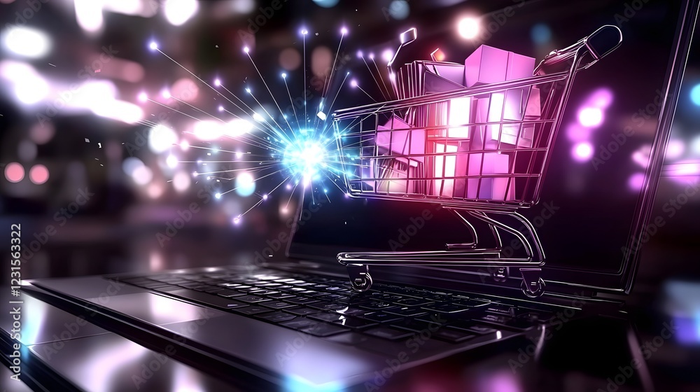 Poster futuristic 3d shopping cart filled with colorful products placed on a laptop keyboard