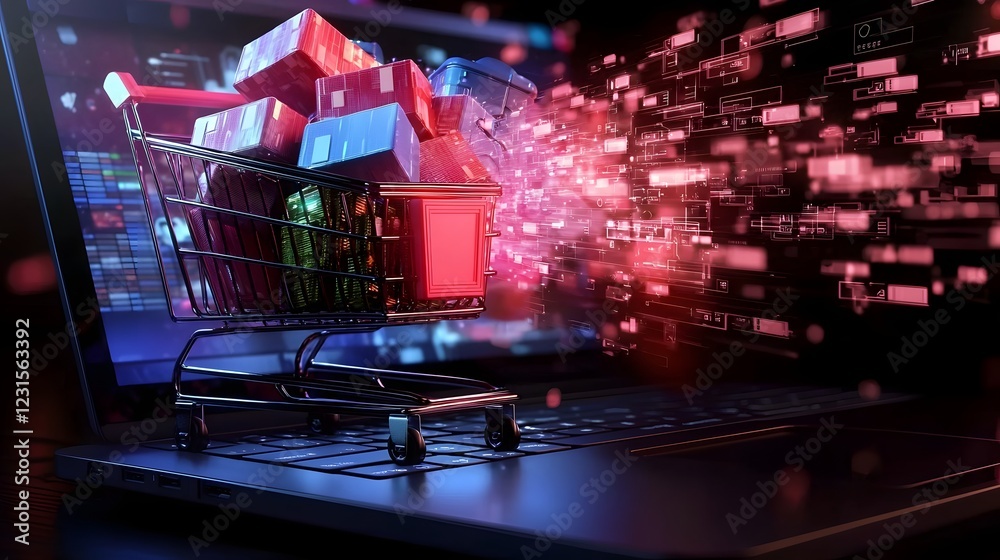 Poster neon wrapped high tech shopping cart overflowing with bright products sits atop a sleek laptop keybo