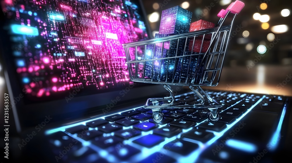 Poster vibrant digital shopping cart filled with consumer goods positioned on a sleek laptop keyboard with 