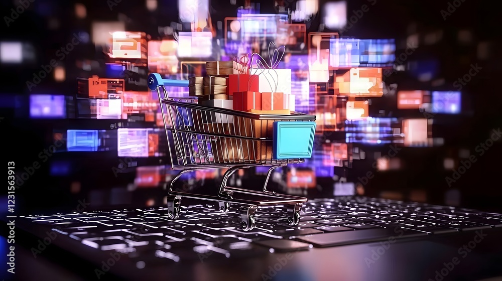 Poster Sleek and modern miniature shopping cart packed with neon wrapped products sitting on a futuristic laptop keyboard surrounded by interactive holographic data screens and digital shopping elements on