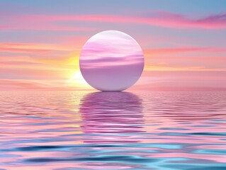 Serene sunset with a floating sphere in water.