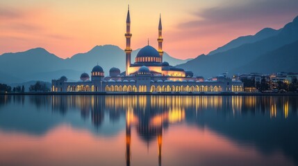 Obraz premium Background of Islam with copy space. A mosque against mountains with sunset and the calm water