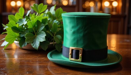 Green leprechaun hat with black band on wooden table