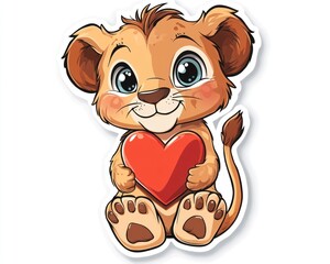 Fototapeta premium Cute lion cub holding heart; Valentine's Day card (2)