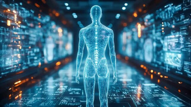 Futuristic human figure exploring a digital data corridor with flowing information
