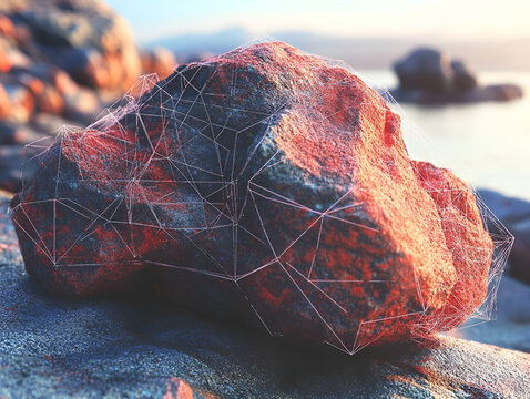 Geometric Stone on Shore: An abstract composition of a weathered red rock bathed in sunlight with a subtle geometric pattern overlaid.