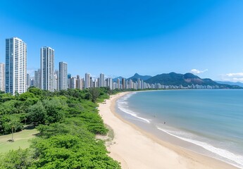 Coastal City Beachscape Highrise Buildings and Lush Greenery Under a