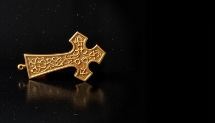 Golden ornate cross on a reflective black background