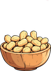 Wooden bowl overflowing with shelled peanuts on white background