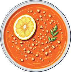 Bowl of tomato soup with lemon slice, croutons, and parsley sprig