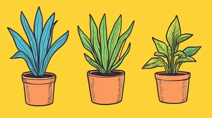Fototapeta premium Three potted houseplants, illustration; snake plant, spider plant, and ZZ plant