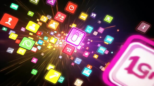 Colorful digital explosion of app icons representing technology and social media interaction