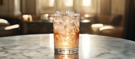 Refreshing glass of soda with ice cubes on a marble table glistening in warm light showcasing its enticing bubbles and condensation.