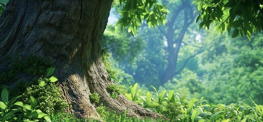 Fototapeta premium Lush forest tree base, sunlight dappled, background greenery, nature scene