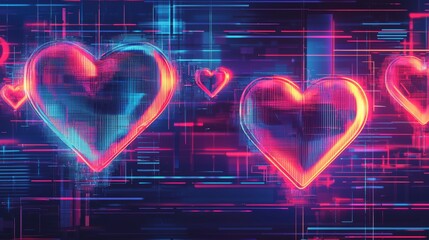 Digital poster with bright neon hearts and glitch effects, urban vibe, dynamic layout, cyberpunk style