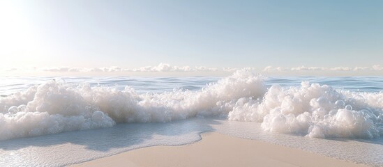 Ocean waves crashing on sandy beach with white frothy water and clear blue sky creating a serene natural seascape with soft light reflections