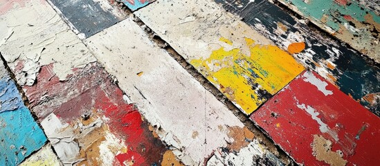 Fototapeta premium Vibrant textured vinyl surface in distressed multicolored patterns with red, yellow, green, and white tones arranged diagonally in a close-up view