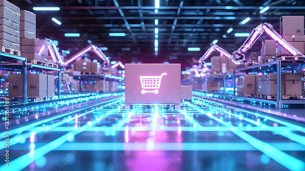 Poster automated futuristic retail warehouse with robotic conveyor belt system transporting packages advanc