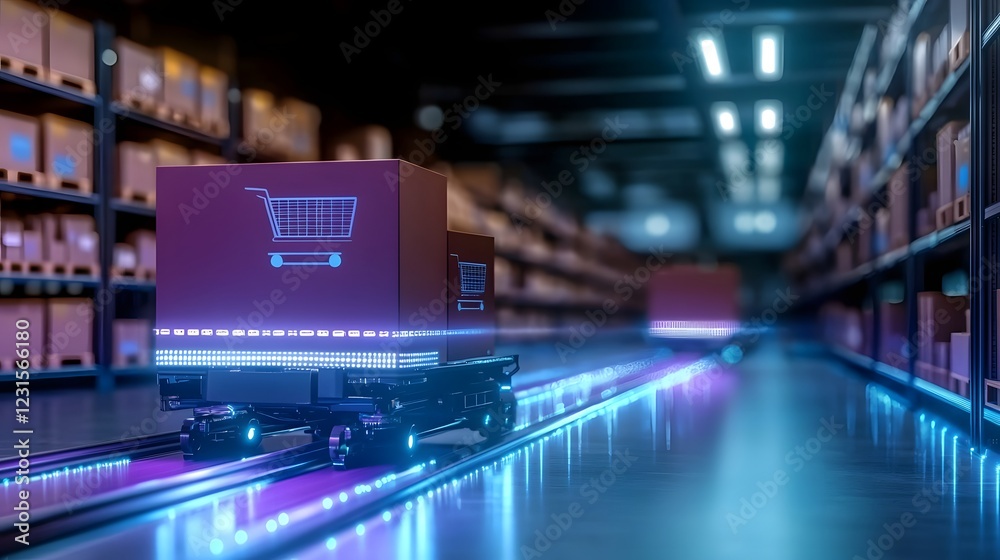 Poster Futuristic technology driven retail warehouse filled with automated robotic arms and conveyor belts transporting packages through an advanced logistics and distribution system