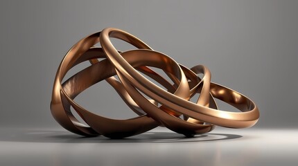 An abstract sculpture, composed of intertwined metallic elements, depicted in a photorealistic style, with emphasis on the play of light and shadow across the smooth, reflective surfaces, in a