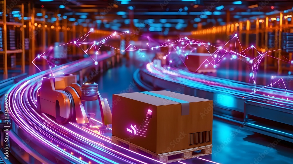 Aufkleber Futuristic cybernetic logistics and distribution hub featuring autonomous delivery robots intelligent sorting systems