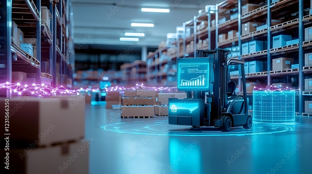 Poster futuristic automated warehouse facility with robotic forklifts transporting products real time inven