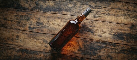 Bottle of amber alcohol resting on a textured dark wooden surface symbolizing addiction struggles and emotional challenges of alcohol dependency