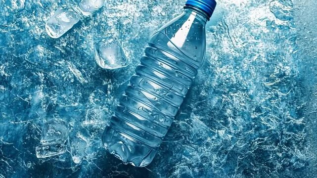 This striking video features a water bottle nestled in ice. It conveys freshness and hydration. Ideal for advertisements or articles about health and fitness. Generative AI