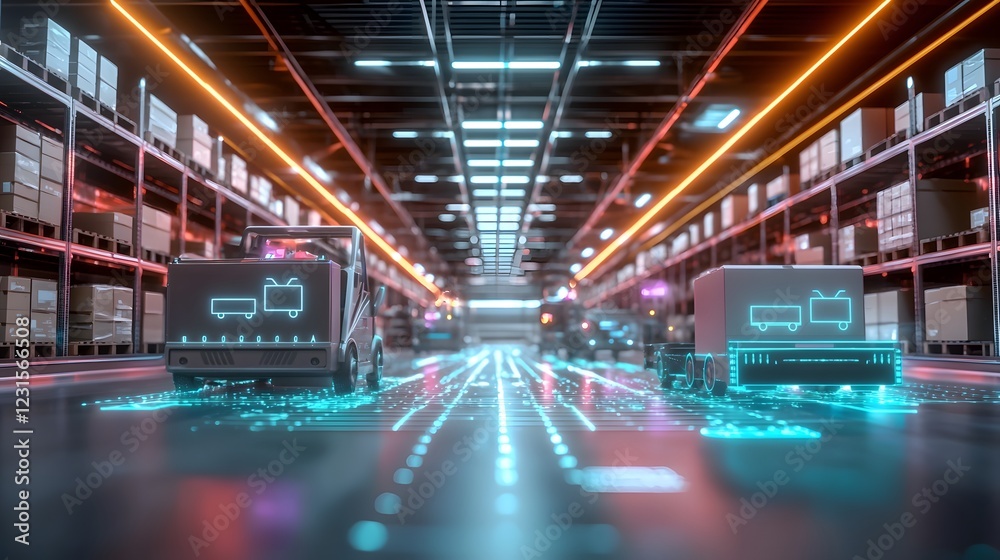 Fototapete Futuristic smart warehouse with advanced AI driven automated package handling systems digital tracking and a holographic logistics network