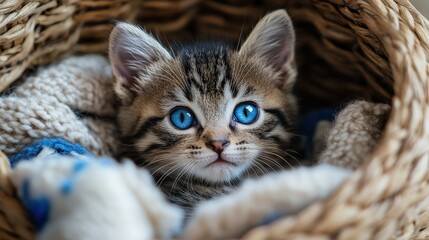 Kitten's Curiosity: A captivating portrait of a tabby kitten with piercing blue eyes, nestled in a cozy wicker basket, exudes a sense of innocent charm and pure curiosity. 
