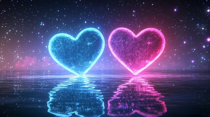 Dual layered neon hearts in vibrant cyan and magenta, glowing in front of a reflective water surface under a starlit sky