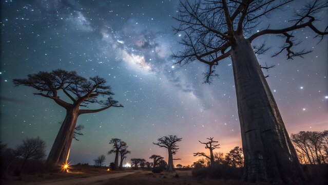 A starry night landscape with silhouetted trees under the moon