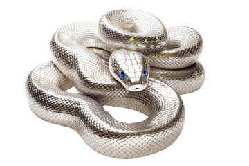 Coiled silver snake sculpture with detailed scales isolated on white transparent background, reptiles or wildlife, symbolizing Chinese Lunar New year
