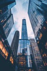 A city skyline with a tall building in the middle. The sky is cloudy and the sun is setting