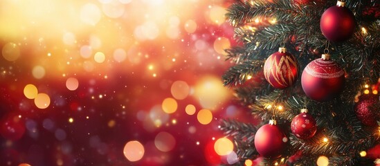Festive Christmas tree with red ornaments in the foreground on a blurred golden and red bokeh background creating a warm holiday ambiance