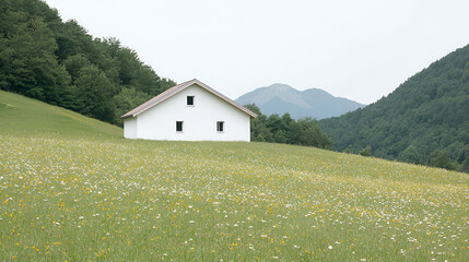 Obraz premium White house, meadow, mountains, spring