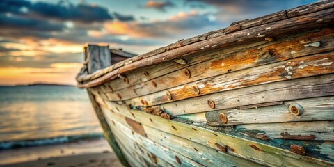 Fototapeta premium Weathered Wooden Boat Hull at Sunset on Sandy Beach