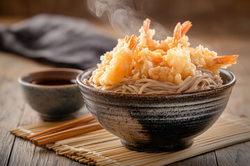 Crispy tempura soba with dipping sauce and garnishes